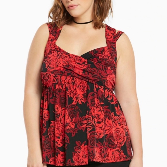 Torrid Plus Size Red & Black Floral Rose Crosscross Babydoll Top 2X valentines - Picture 2 of 7
